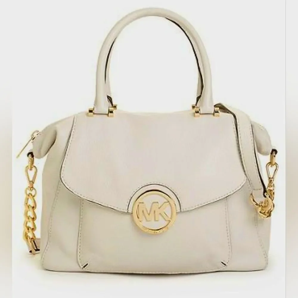 Michael Kors Mk Designer Light Gray Fulton Satchel Purse Bag Gold Accents